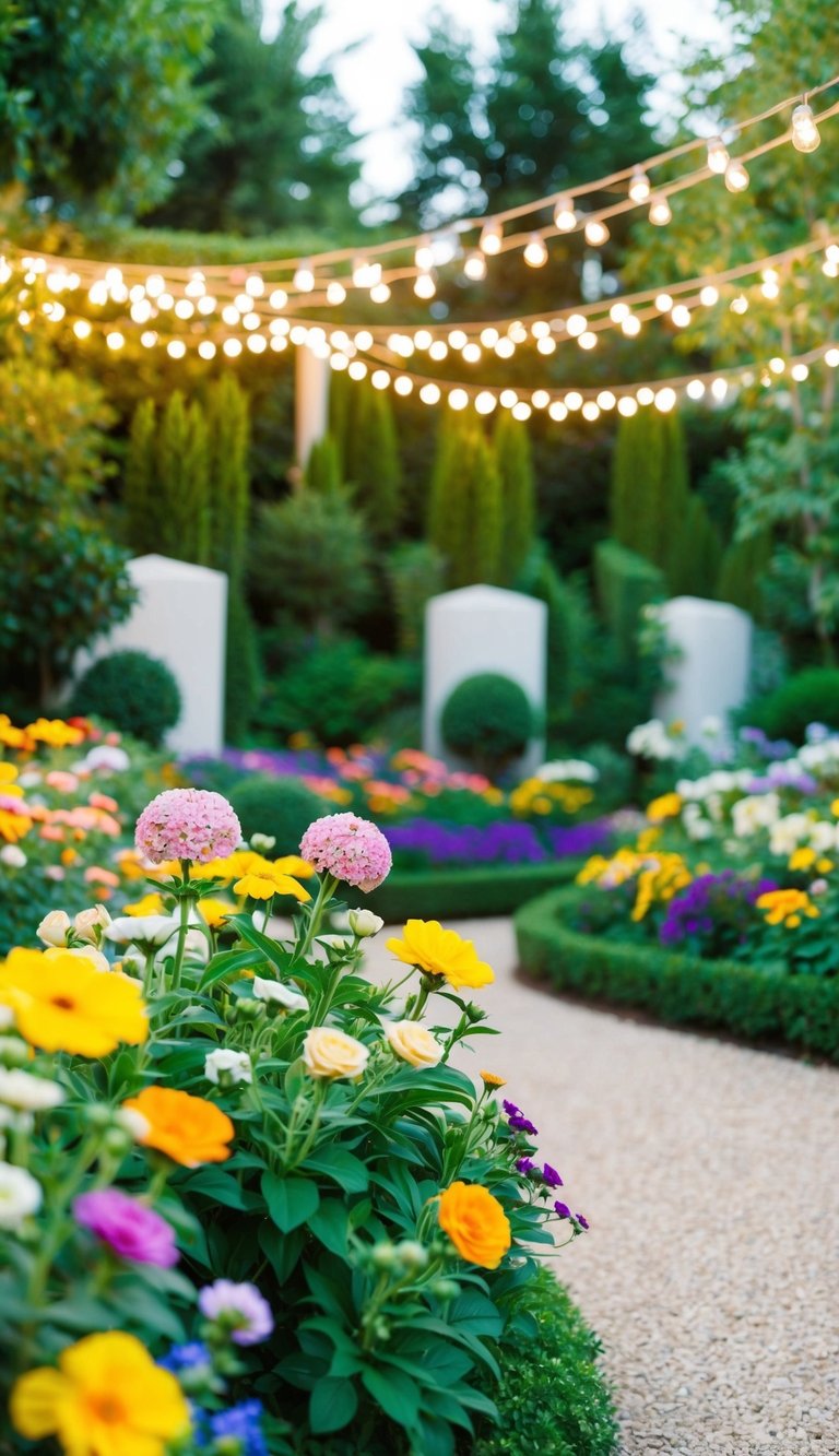 A lush garden with colorful flowers and twinkling lights, set up for a romantic outdoor wedding
