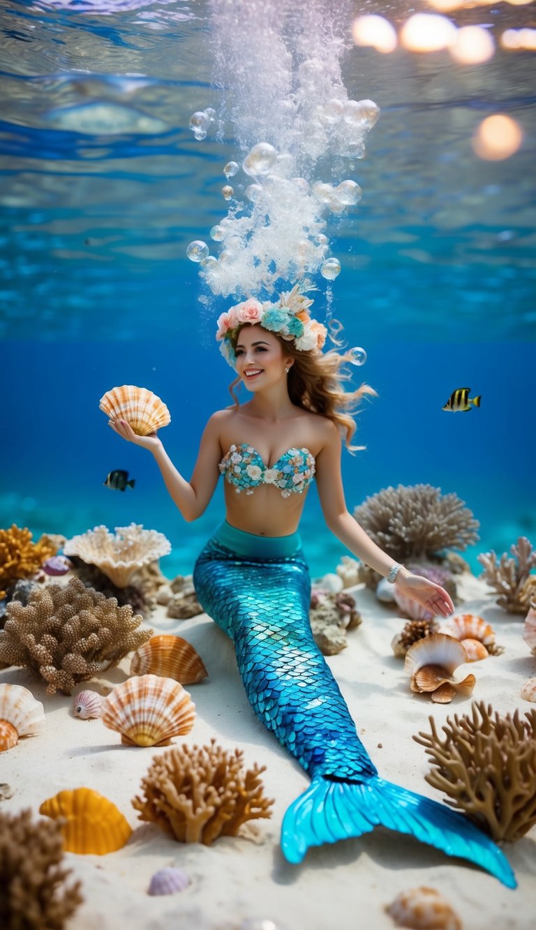 A whimsical underwater wedding with colorful coral, seashells, and mermaid-inspired decor