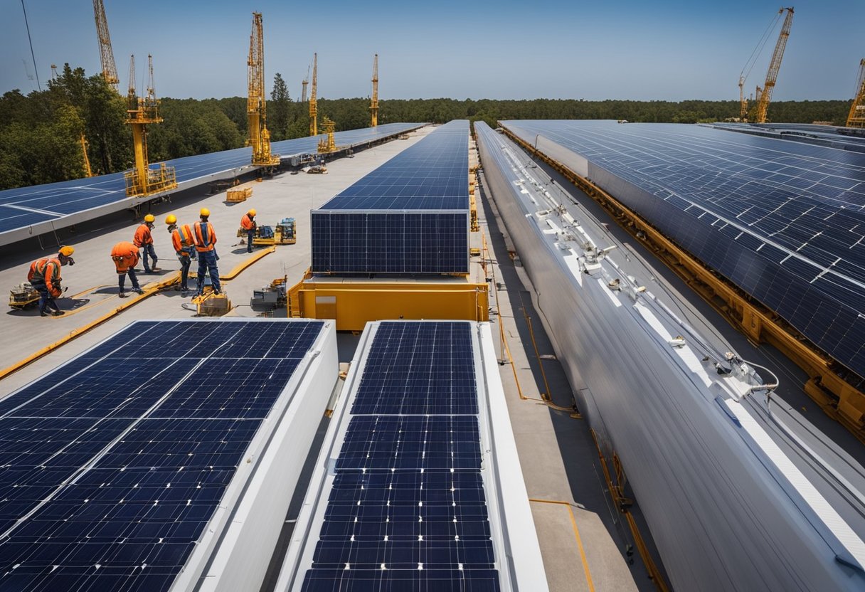 A solar panel factory with workers assembling panels while a large shipment of panels is being loaded onto a cargo ship for export