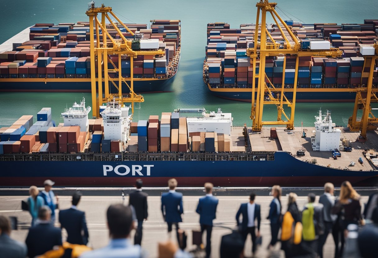 A bustling port with ships unloading goods, while a group of business owners discuss strategies at a conference table