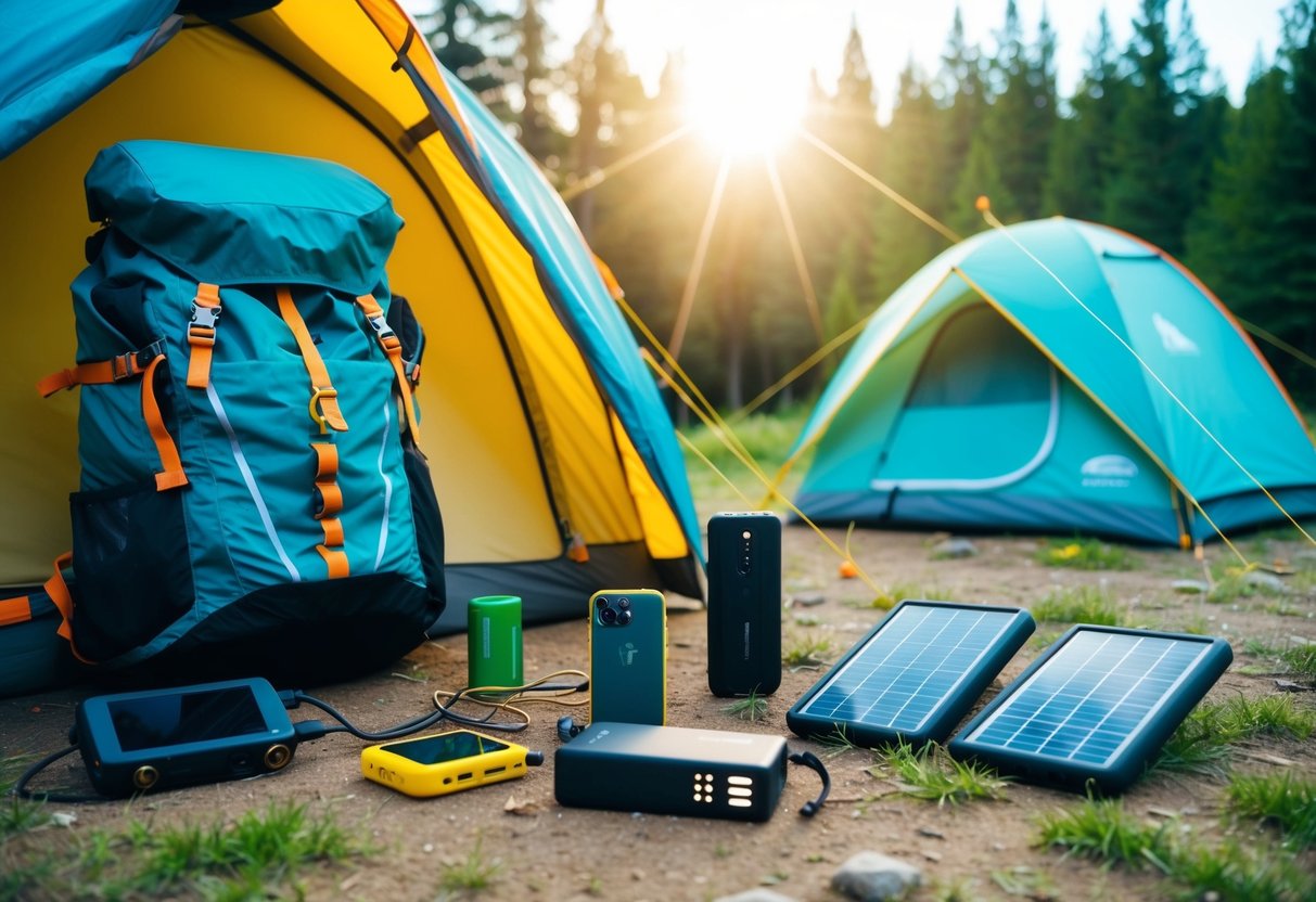 Ein Campingplatz mit einem Zelt, einem Rucksack und verschiedenen Campinggadgets wie Powerbanks und Solarpanels, die verstreut sind. Die Sonne scheint auf die Szene.