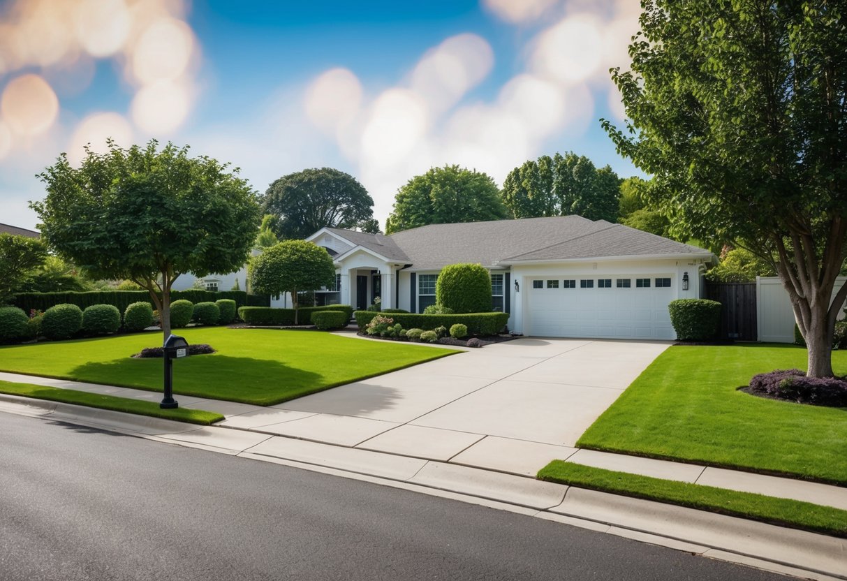 A suburban single-family home with a manicured lawn and a paved driveway, surrounded by trees and shrubs