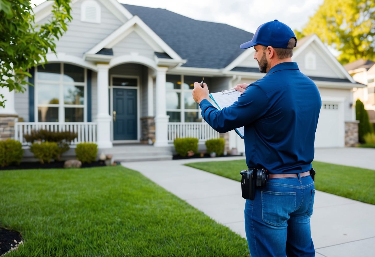 A single-family home with a real estate appraiser inspecting the exterior and interior, taking notes and measurements, and evaluating the property's condition and amenities