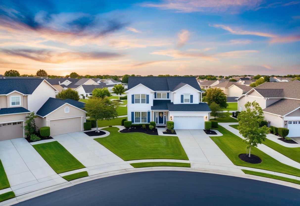 A suburban neighborhood with well-maintained single-family homes, featuring spacious yards, driveways, and various architectural styles