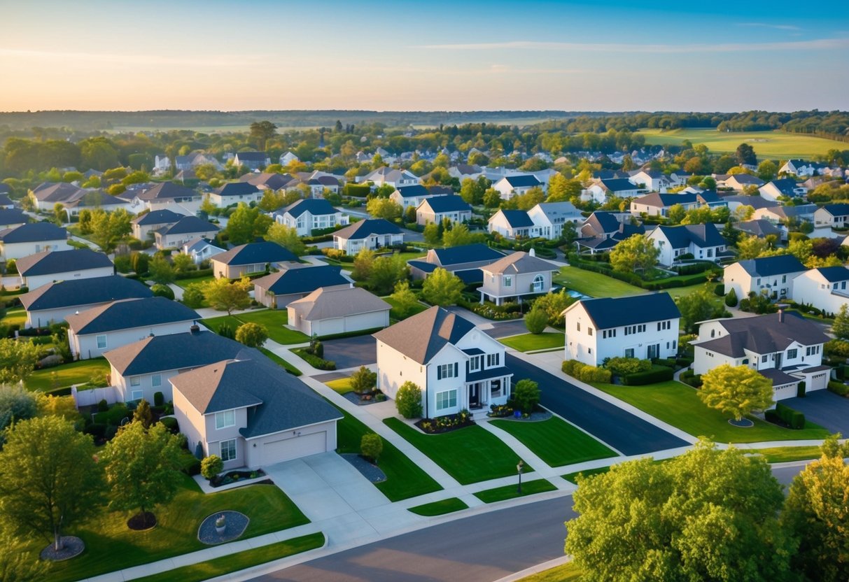A suburban neighborhood with diverse single-family homes, ranging from modest to luxurious, surrounded by greenery and varying landscapes