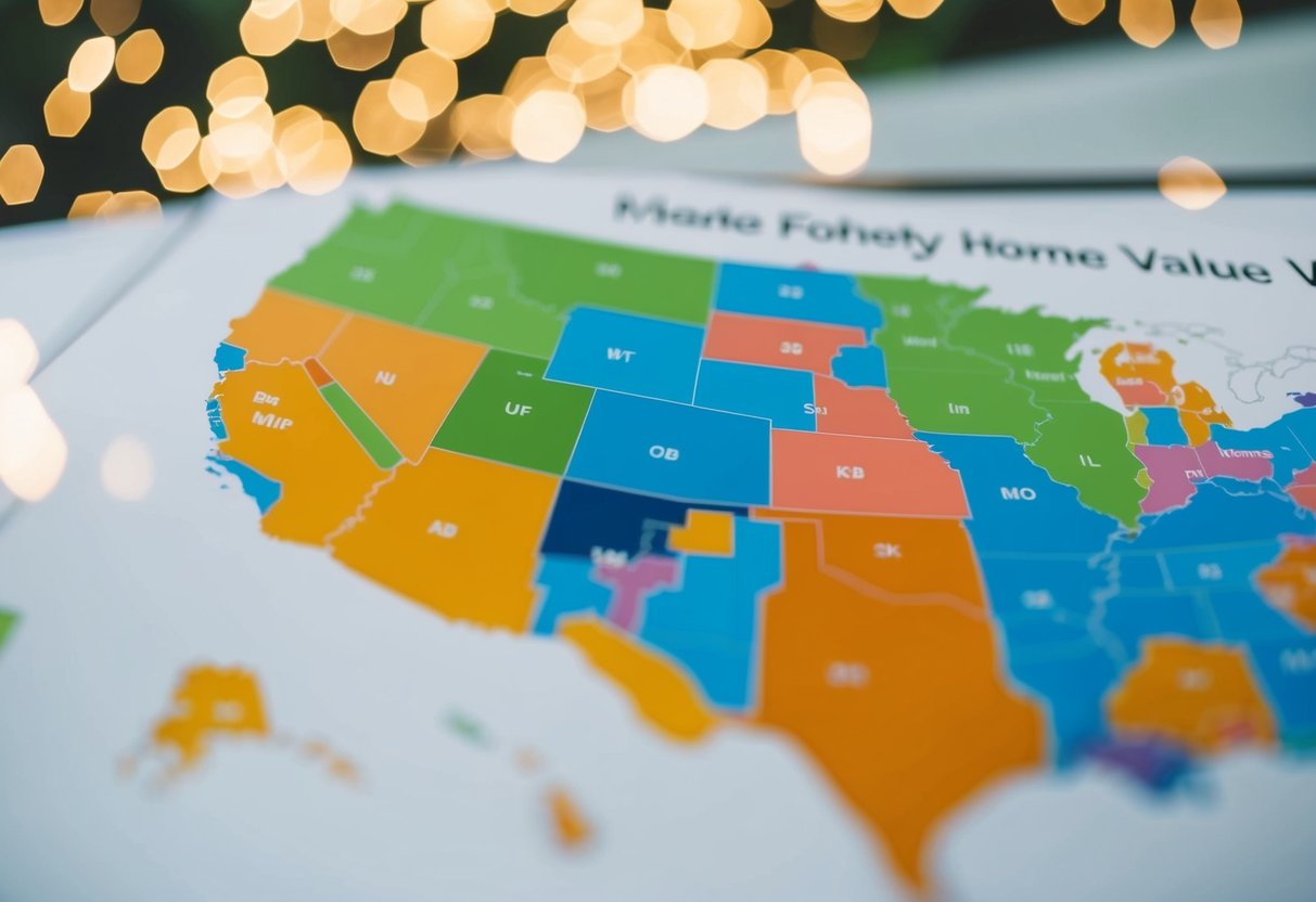 A map with color-coded regions showing variations in single-family home values