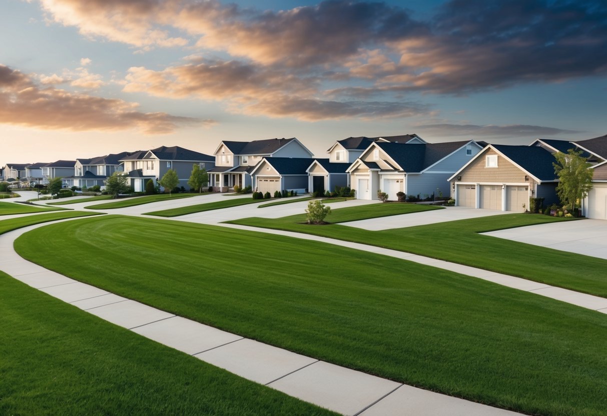 A suburban neighborhood with neatly manicured lawns and a variety of single-family homes, ranging from small bungalows to large, modern houses