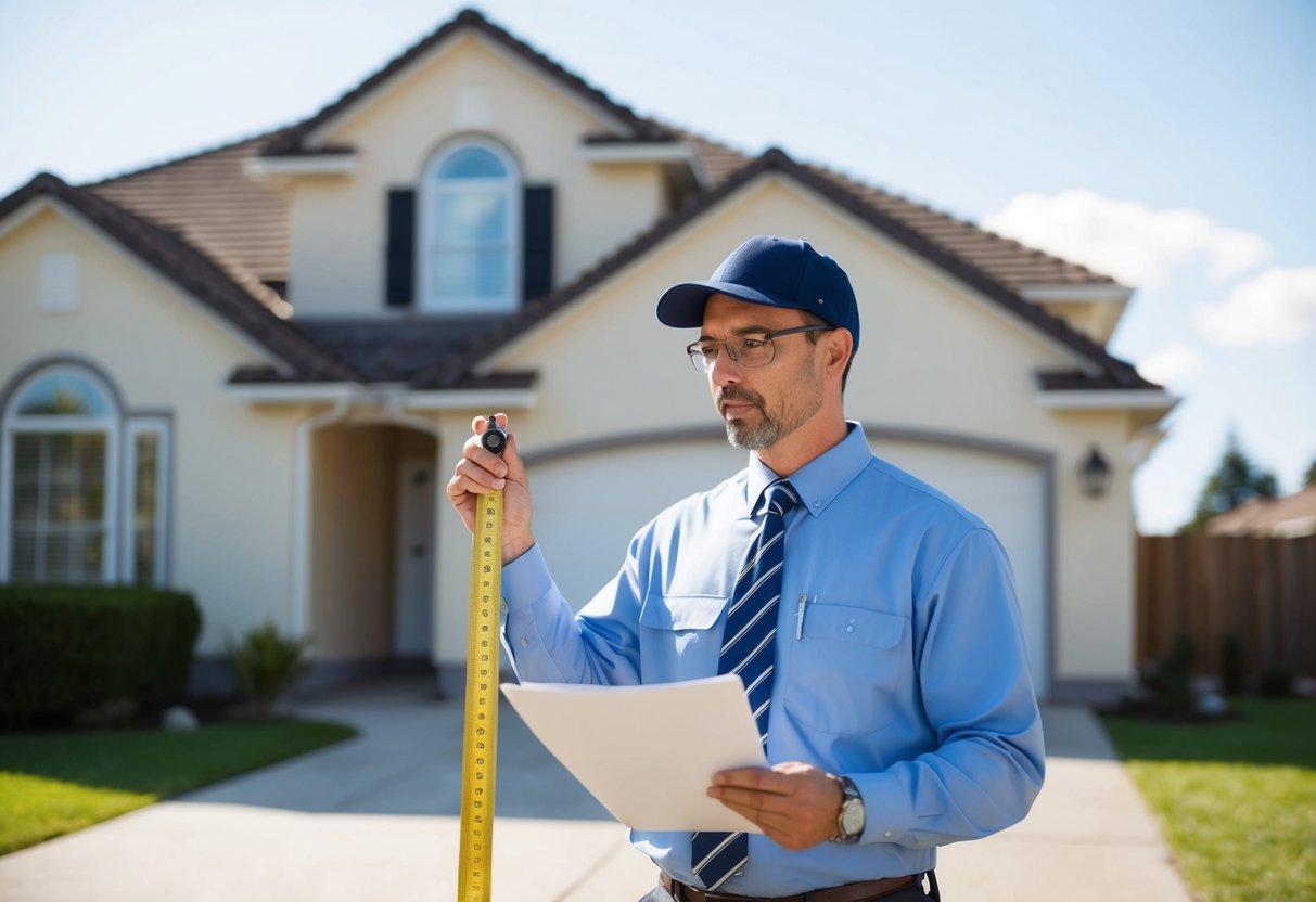 A professional appraiser meticulously measures and inspects a single-family residence, taking notes and photographs to document the property's condition and features