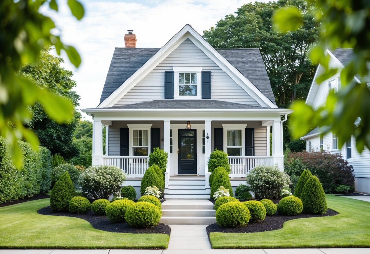 A charming house with a well-maintained garden and a freshly painted exterior, surrounded by neatly trimmed shrubs and a welcoming front porch
