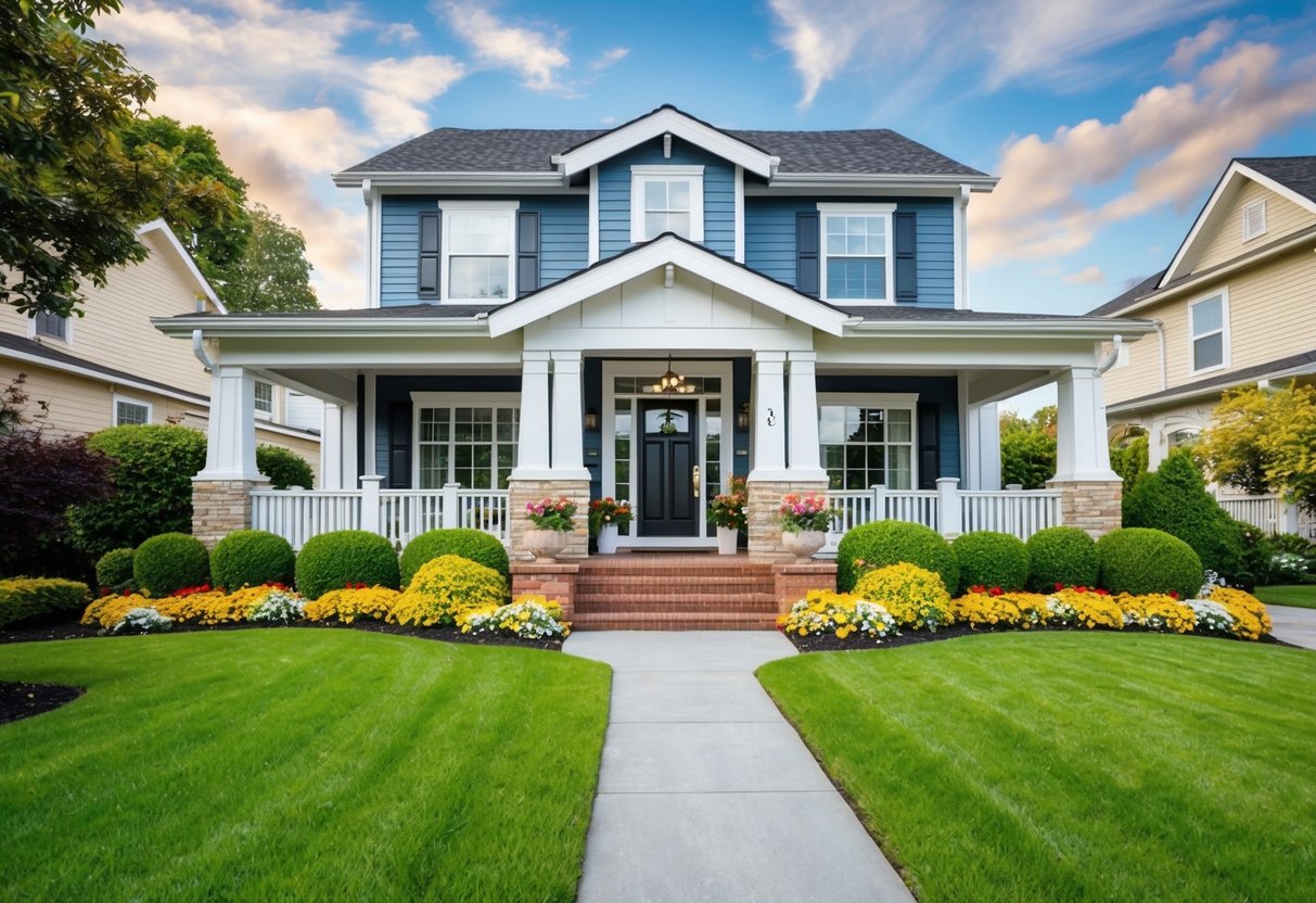 A charming house with a well-maintained exterior, including a manicured lawn, colorful flowers, and a welcoming front entrance