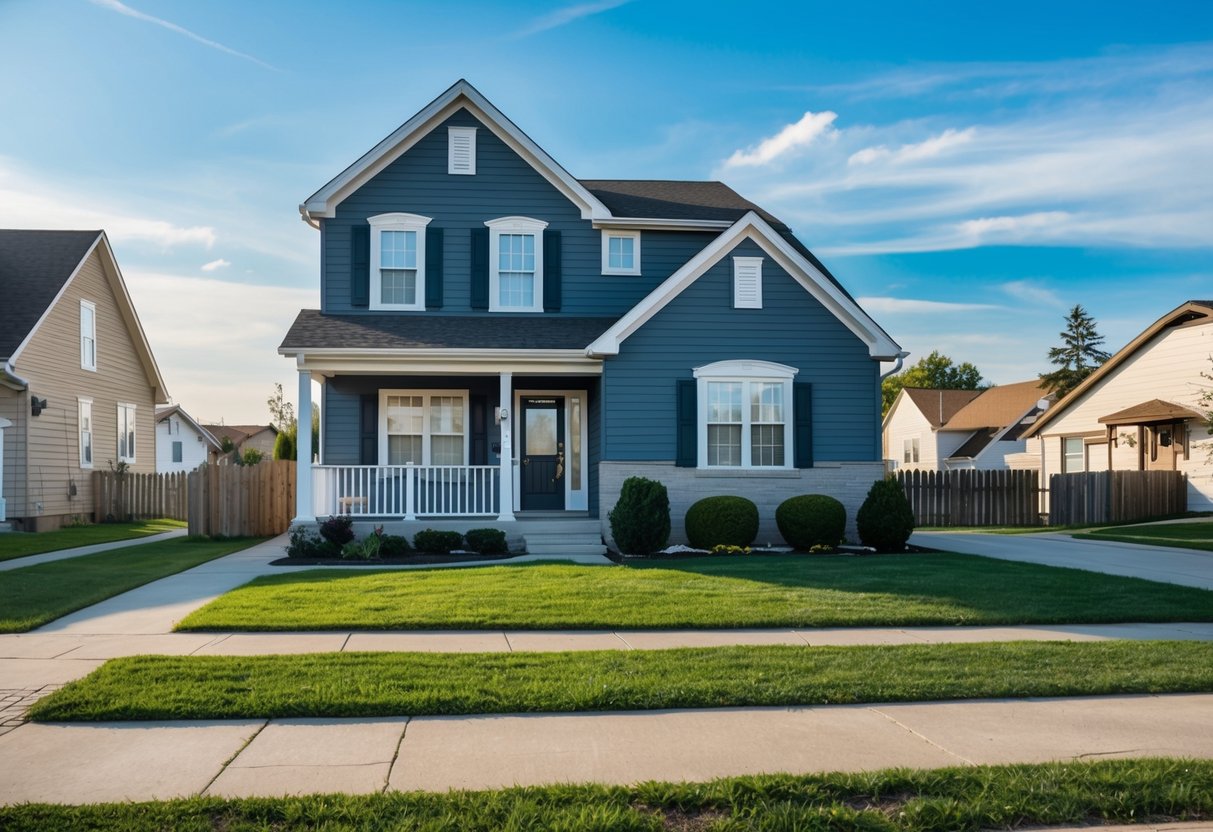 A single-family home surrounded by a school district with a mix of well-maintained and run-down properties, and a noticeable difference in property values