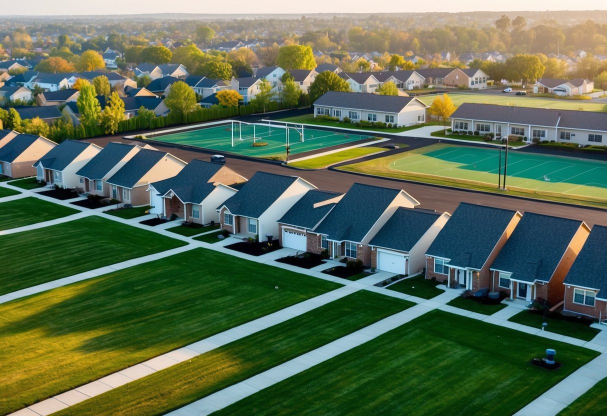 A suburban neighborhood with rows of single-family homes, each with well-maintained lawns and sidewalks. A large school with a playground and sports fields sits nearby