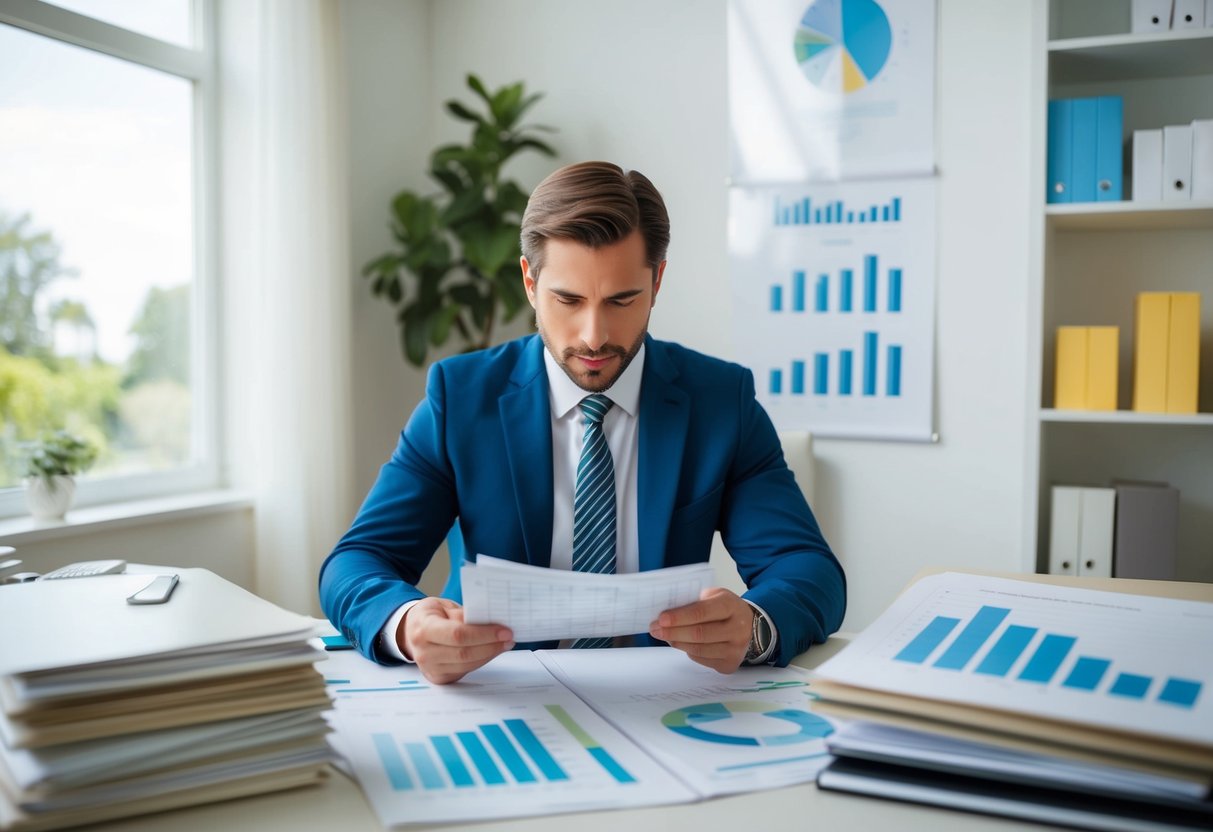 A real estate agent studying old sales records in a home office, surrounded by charts and graphs