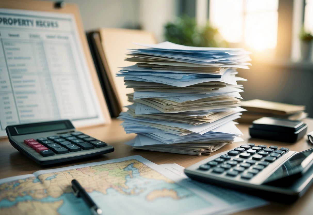A stack of old property records and sales data, scattered on a desk, with a vintage map and a calculator nearby
