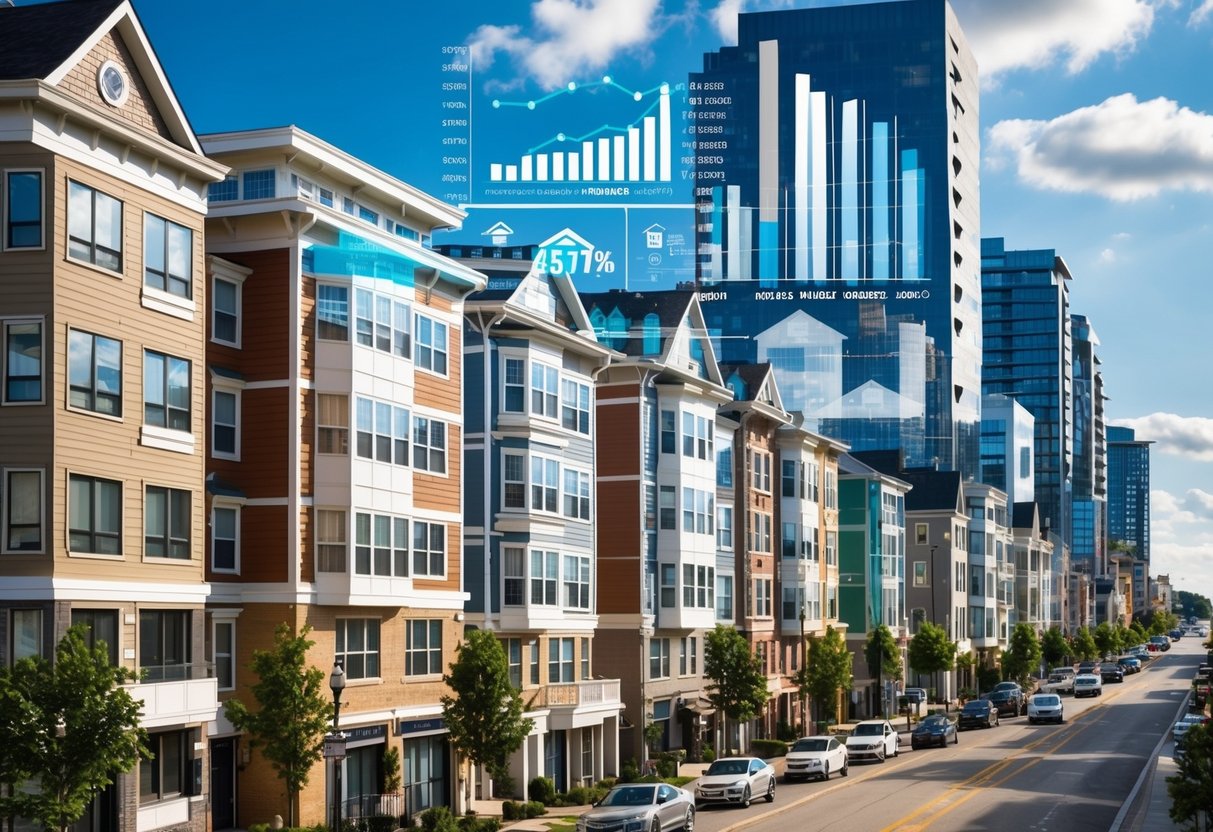 A bustling city street lined with multi-family properties of varying sizes and architectural styles, with real estate market data charts and graphs overlaid on the buildings