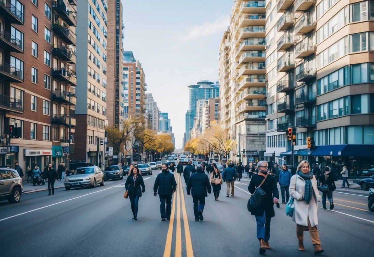 A busy city street with multi-family buildings, a mix of residential and commercial properties, and people walking and commuting