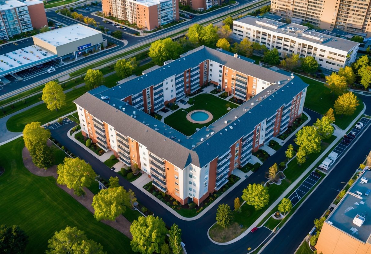 Aerial view of a multi-family residential complex surrounded by amenities, public transportation, and green spaces, with a mix of commercial and residential buildings nearby