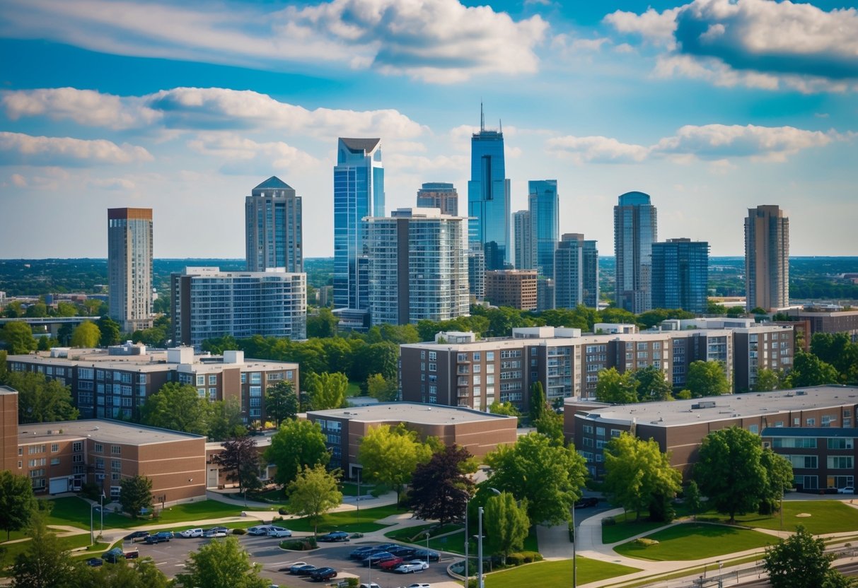 A city skyline with various multi-family buildings surrounded by amenities such as parks, schools, and public transportation