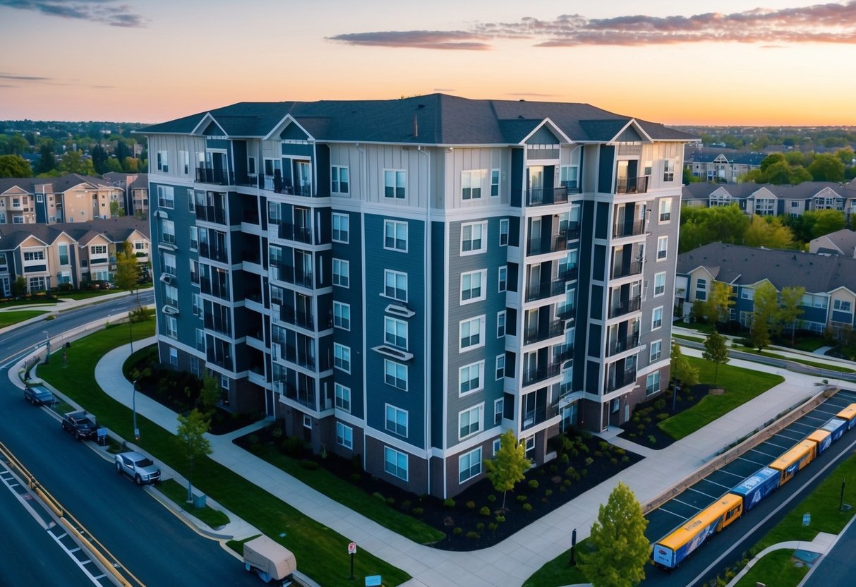 A multi-family apartment building surrounded by various amenities and transportation options, with a focus on the impact of location on property value