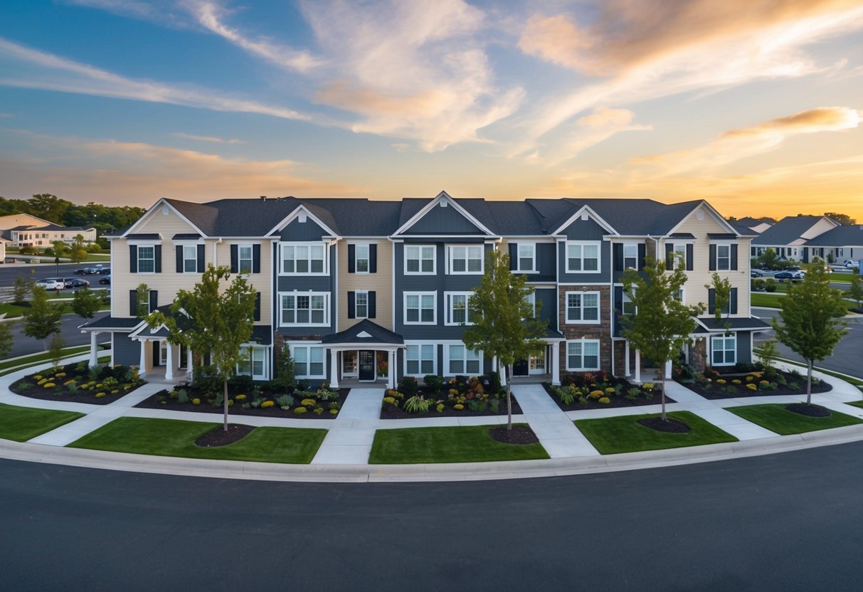 A multi-family home with a balanced mix of unit types, such as apartments and townhouses, surrounded by well-maintained landscaping and amenities