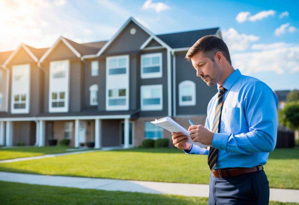An appraiser inspecting a multi-family property, comparing it to a single-family home. The appraiser is taking notes and measuring the exterior of the building