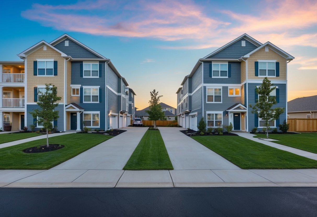 A multi-family property with multiple units and shared amenities contrasted with a single-family home with a private yard and driveway