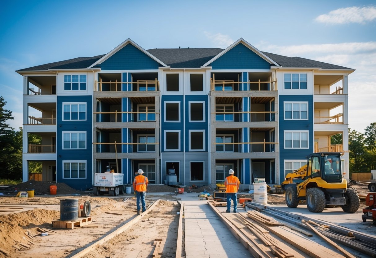 A multi-family apartment building undergoing renovation with construction workers and equipment present