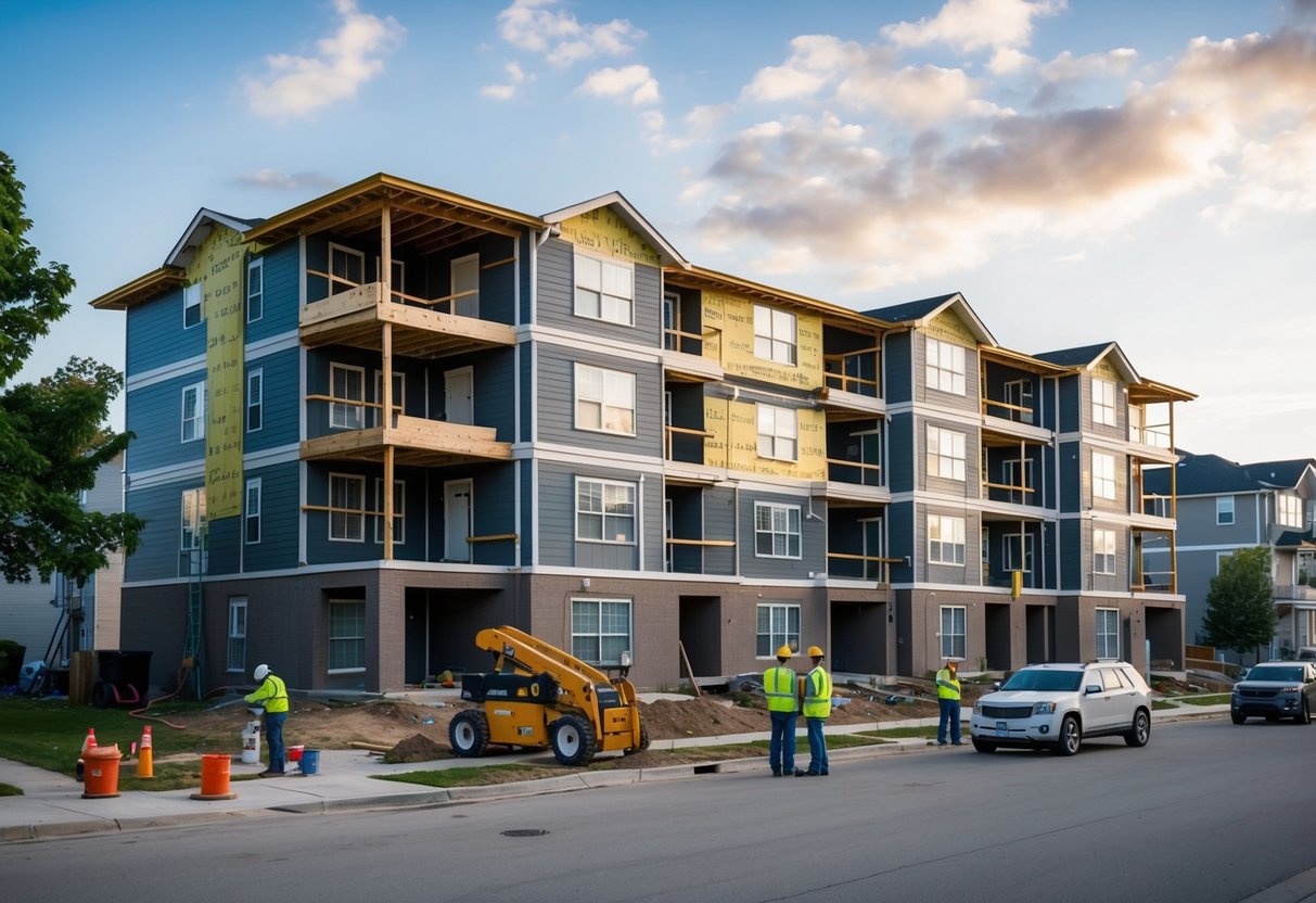 A multi-family building undergoing rehabilitation, with workers renovating interiors and exteriors, while appraisers inspect the property and surrounding neighborhood