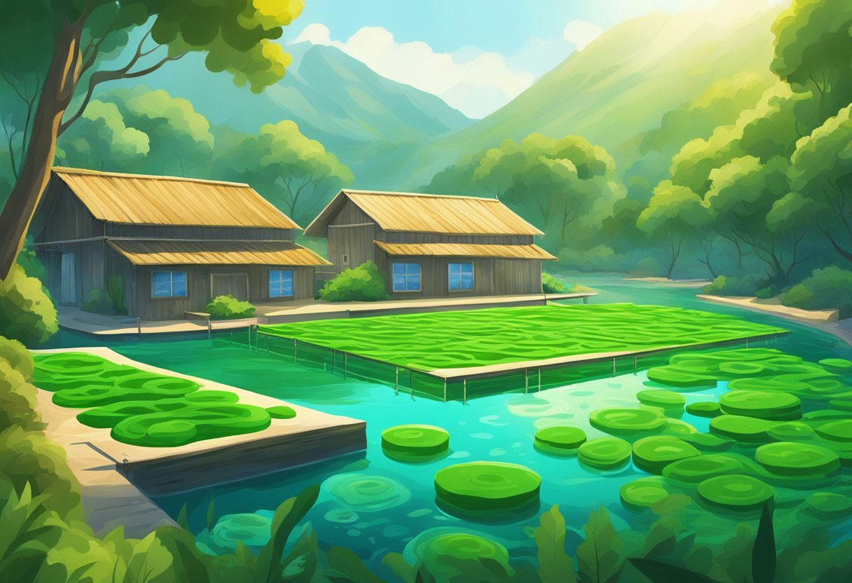 A vibrant spirulina farm with swirling green algae in clear water, surrounded by lush green foliage and bathed in warm sunlight