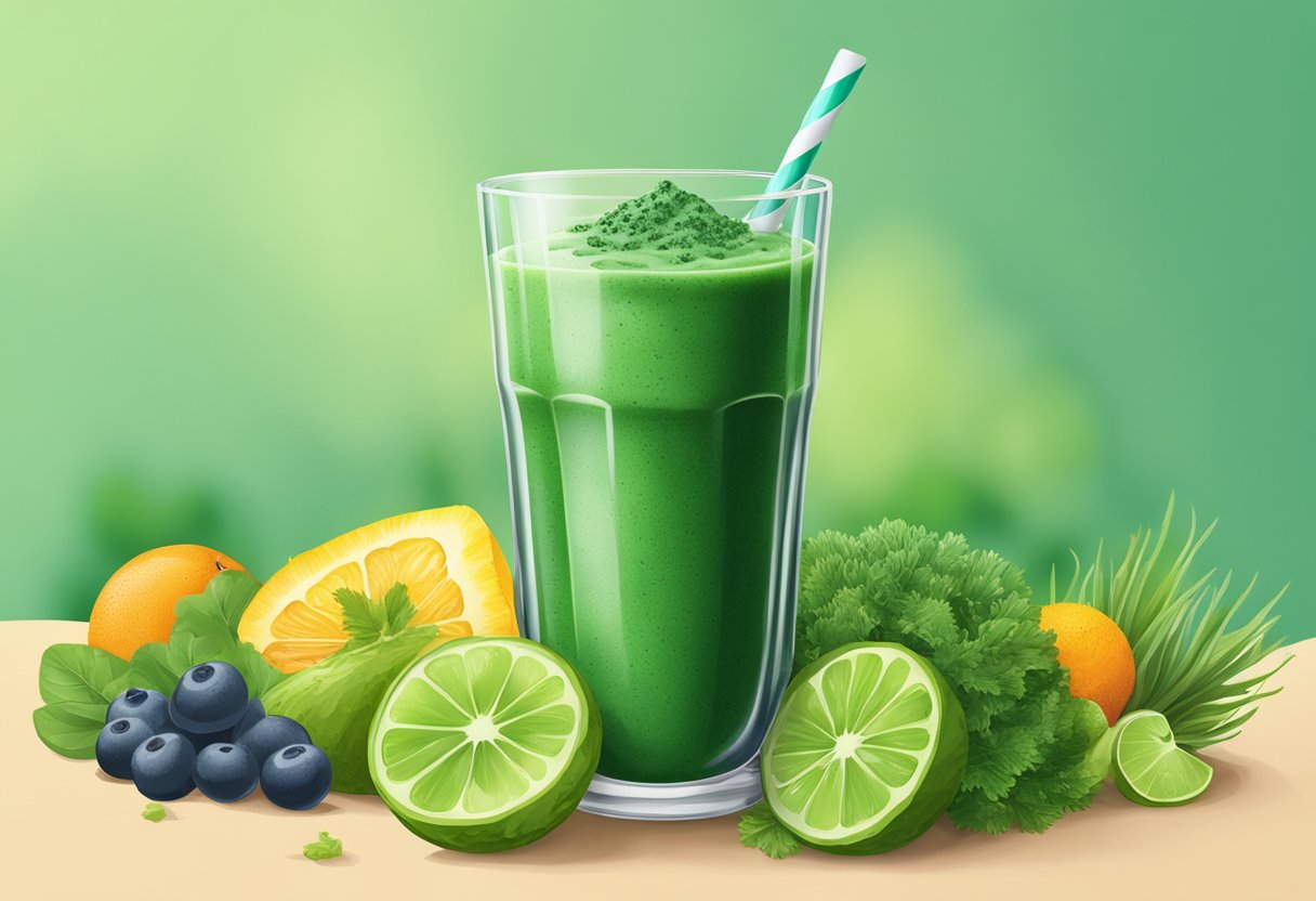 A clear glass of green spirulina smoothie surrounded by fresh spirulina algae and a variety of fruits and vegetables