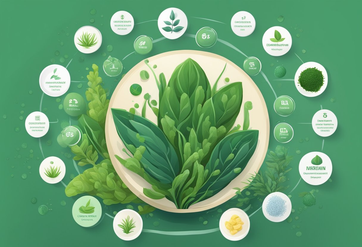 A vibrant spirulina plant surrounded by various nutrient labels and health-related icons