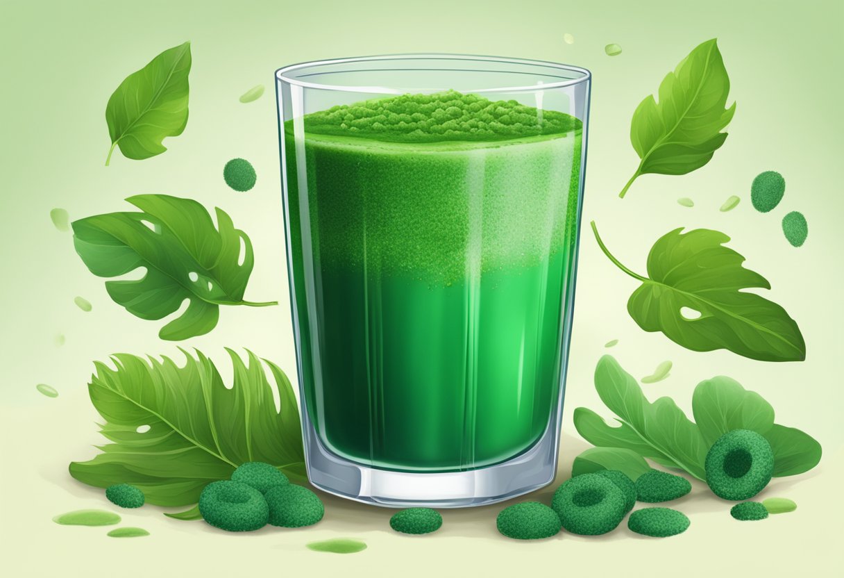A clear glass of green spirulina smoothie surrounded by fresh spirulina algae and vibrant green leaves
