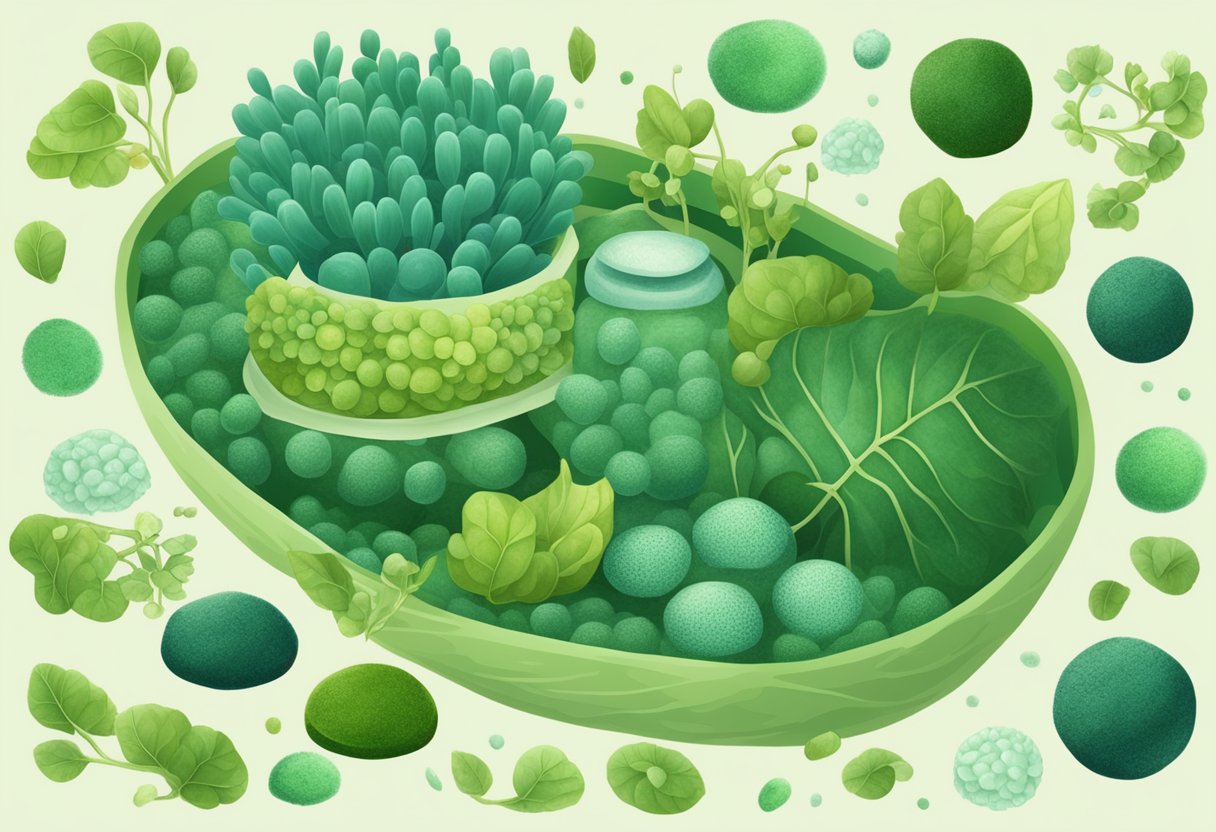 A vibrant spirulina plant surrounded by healthy, active cells and organs, symbolizing the metabolic health benefits of spirulina