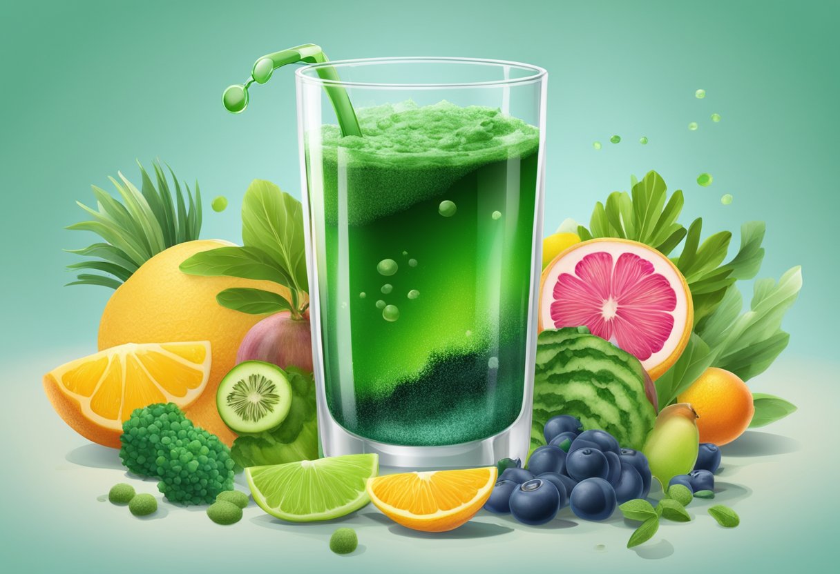 A glass of water with spirulina powder being stirred in, surrounded by fresh green algae and a variety of colorful fruits and vegetables