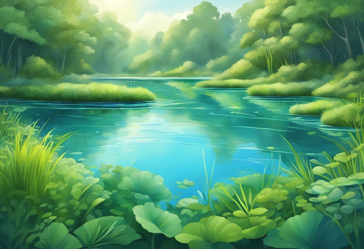 A clear blue pond surrounded by lush green vegetation, with spirulina algae thriving in the water, showcasing its natural and beneficial properties