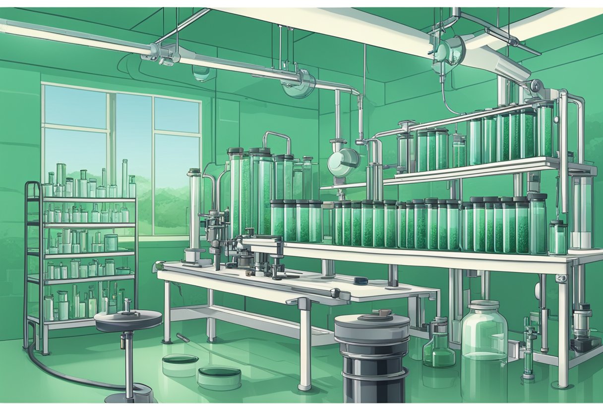 A laboratory setting with test tubes and microscopes, showcasing the process of analyzing spirulina for its scientific benefits