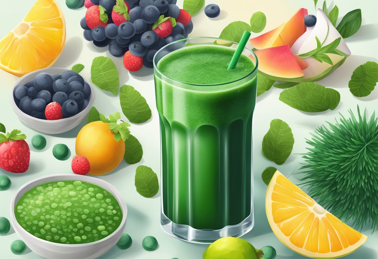 A clear glass of green spirulina smoothie surrounded by fresh spirulina algae and a variety of vibrant fruits and vegetables
