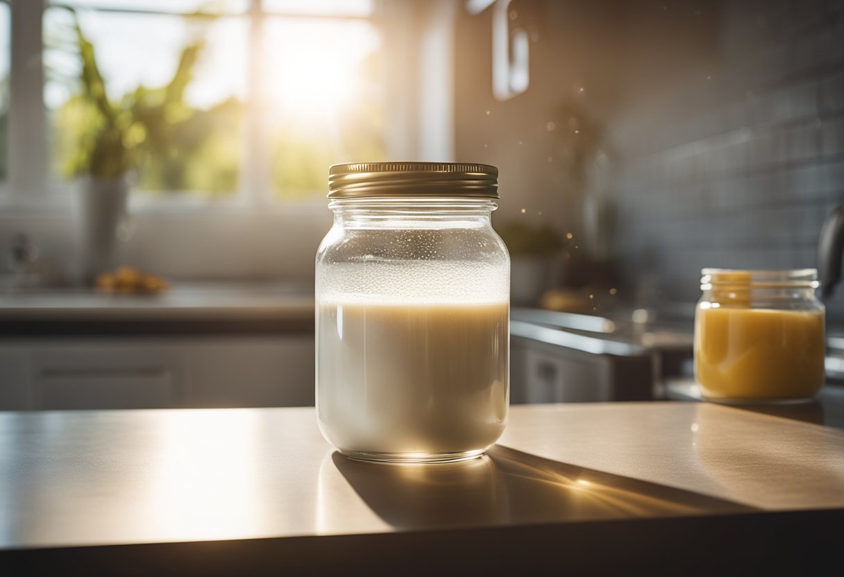 A jar of creatine powder sits next to a glass of water and a scoop. The sun shines through a window, highlighting the products on a clean kitchen counter