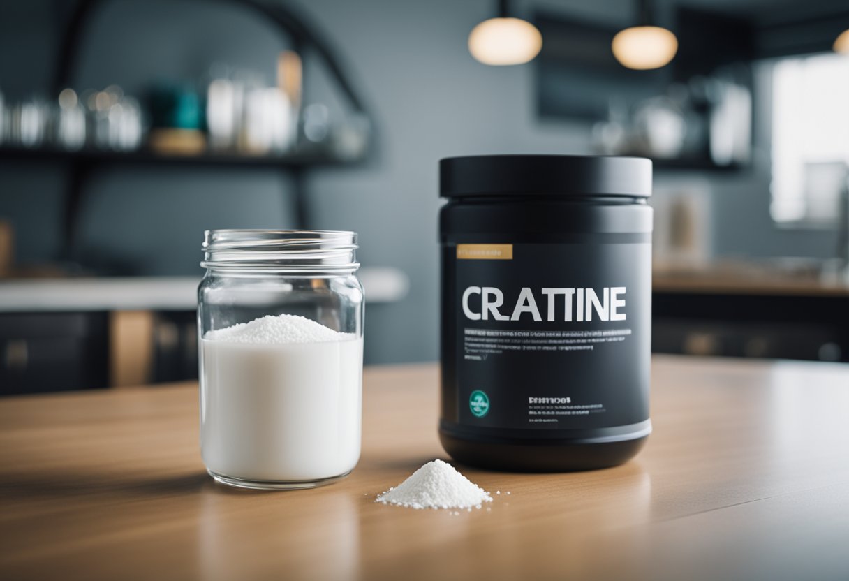 A jar of creatine powder next to a glass of water, with a person exercising in the background