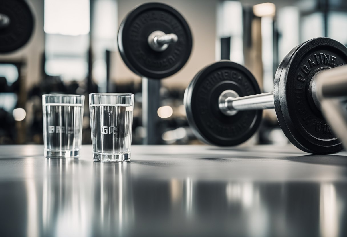 A weightlifting bar surrounded by stacked plates, with a bottle of creatine powder and a glass of water nearby