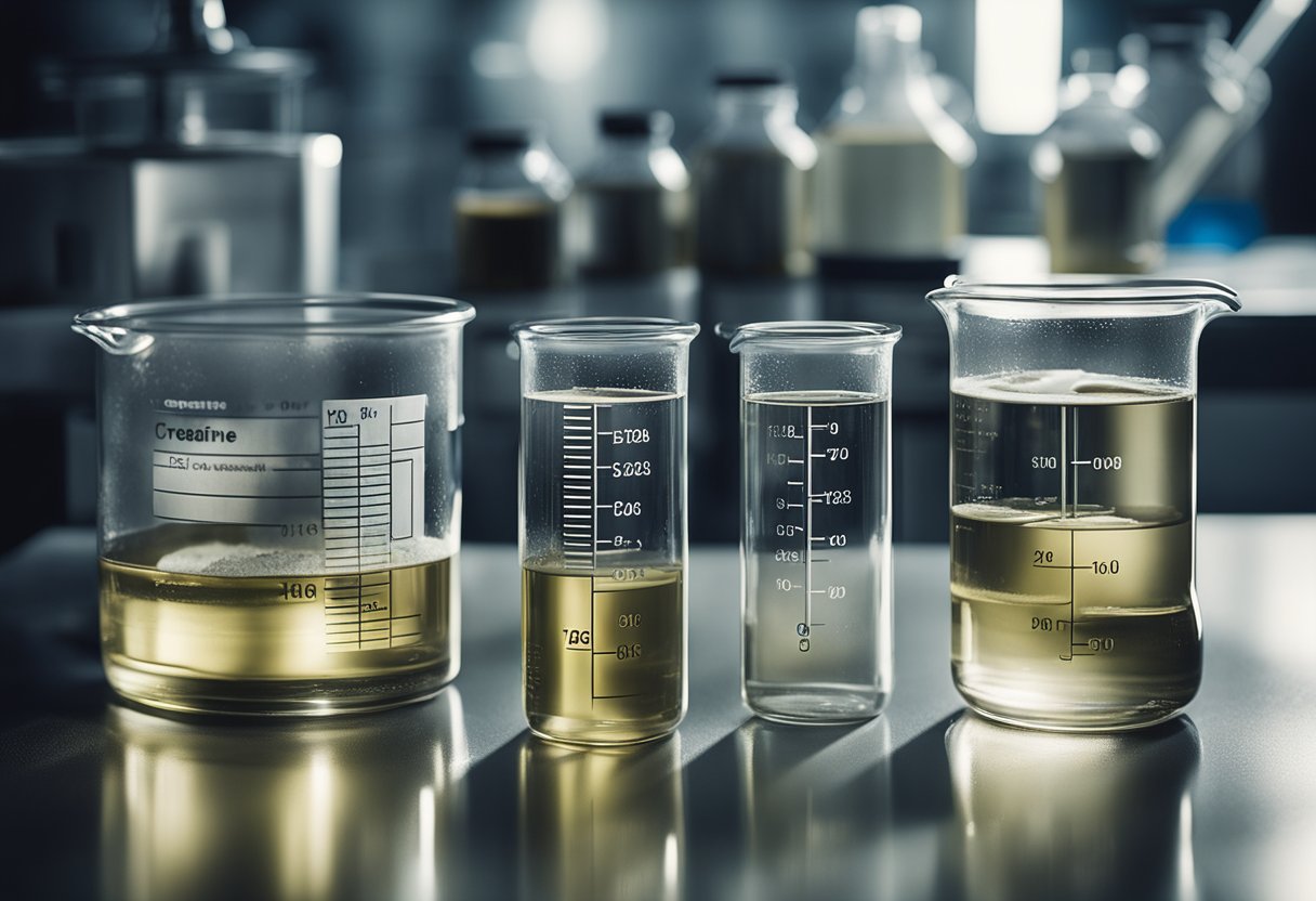 A laboratory setting with beakers, test tubes, and scientific equipment. A container of creatine powder is being mixed with a liquid solution, illustrating the process of energy production and fatigue reduction