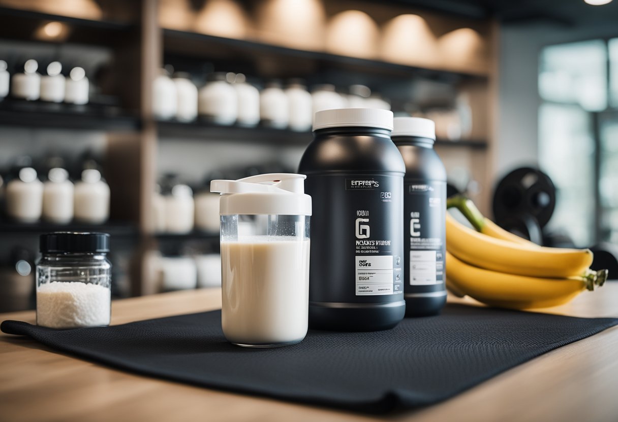 A weightlifter's protein shake surrounded by jars of creatine and a gym towel