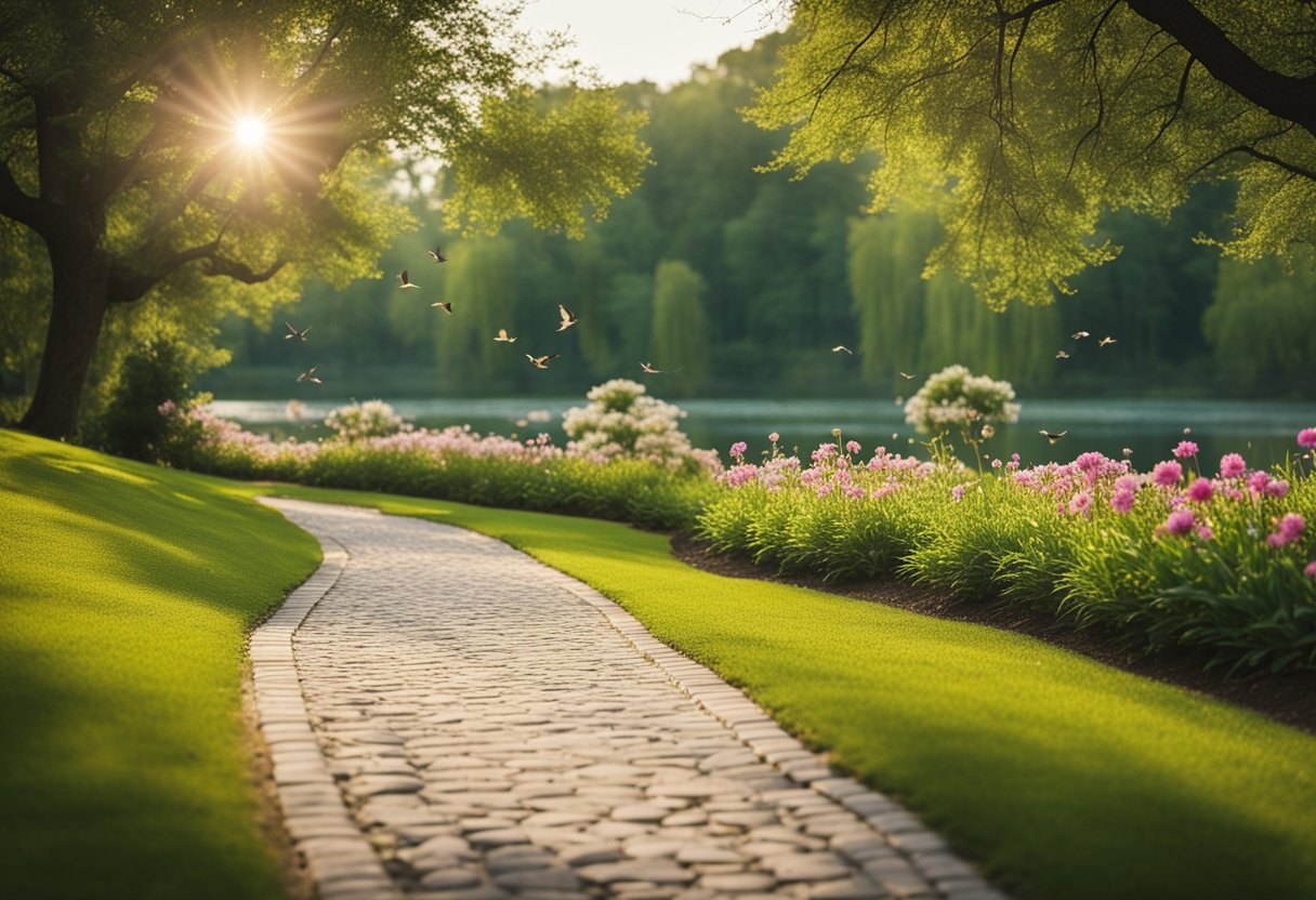A serene, green park with a winding path, a peaceful lake, and vibrant, blooming flowers. The sun is shining, and birds are chirping in the distance