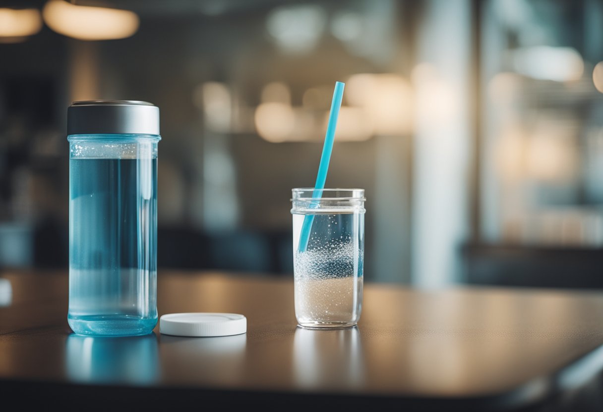 A glass of water surrounded by muscle cramps and a container of creatine