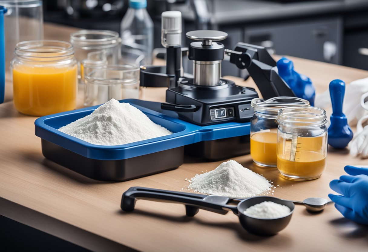 A laboratory table with various containers of creatine powder, a scale, and a set of measuring spoons. Safety goggles and gloves are also present