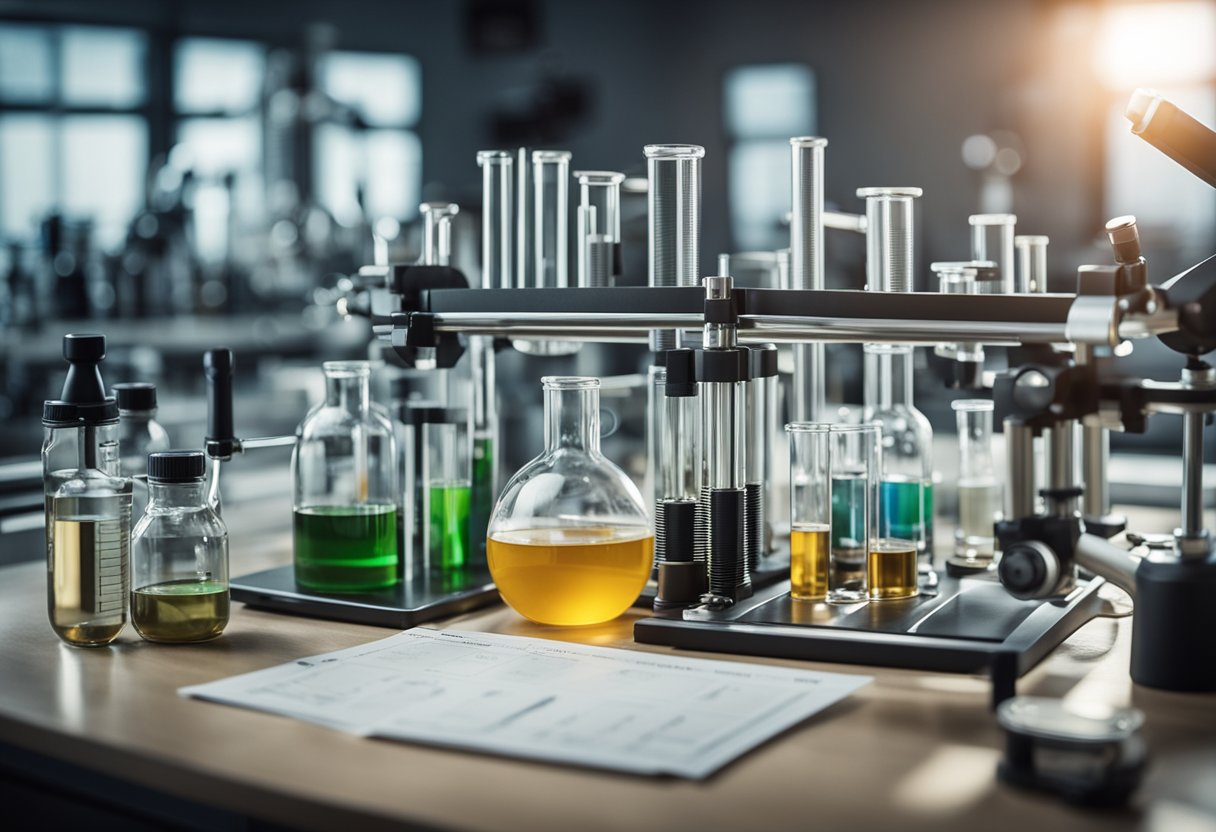 A laboratory setting with various scientific equipment and charts, showcasing the metabolic effects and health benefits of creatine supplementation