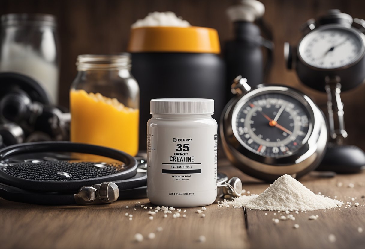 A jar of creatine powder surrounded by various athletic equipment and a stopwatch, with a burst of energy emanating from the jar