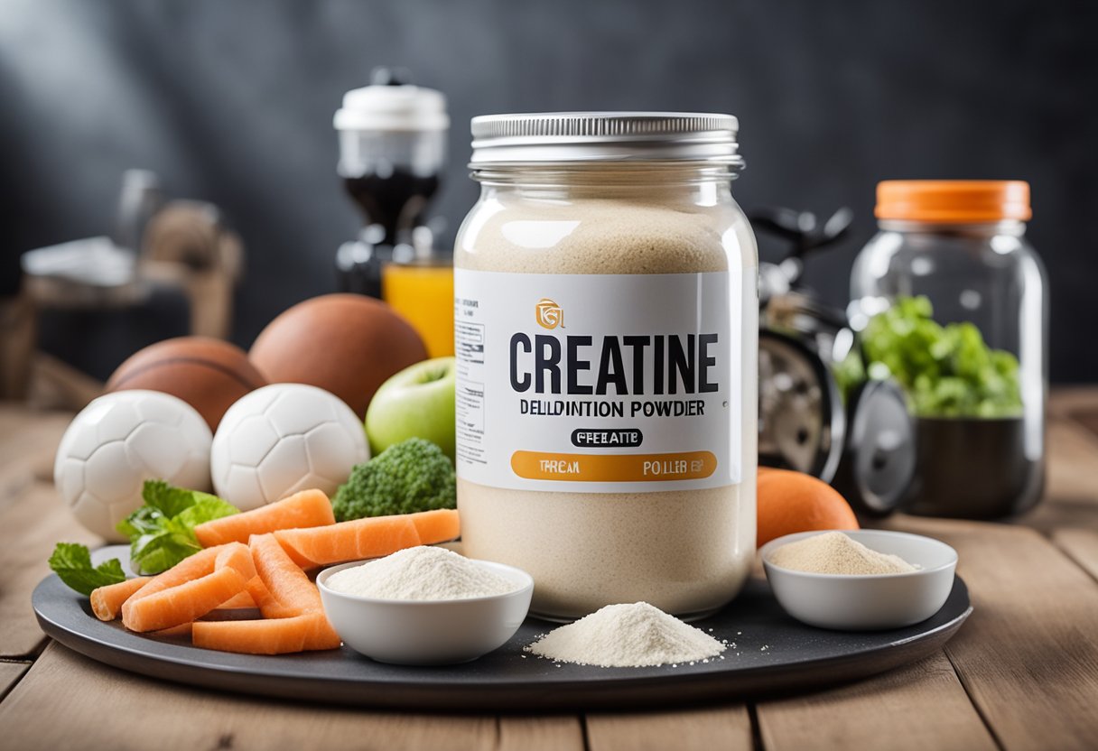 A jar of creatine powder surrounded by various sports equipment and a healthy, balanced meal
