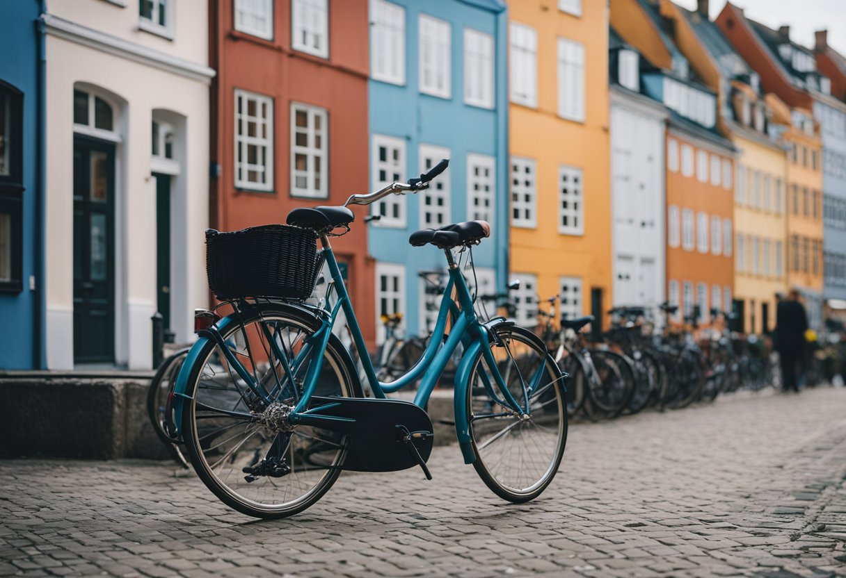 哥本哈根尼哈恩区色彩缤纷的建筑外停放的自行车