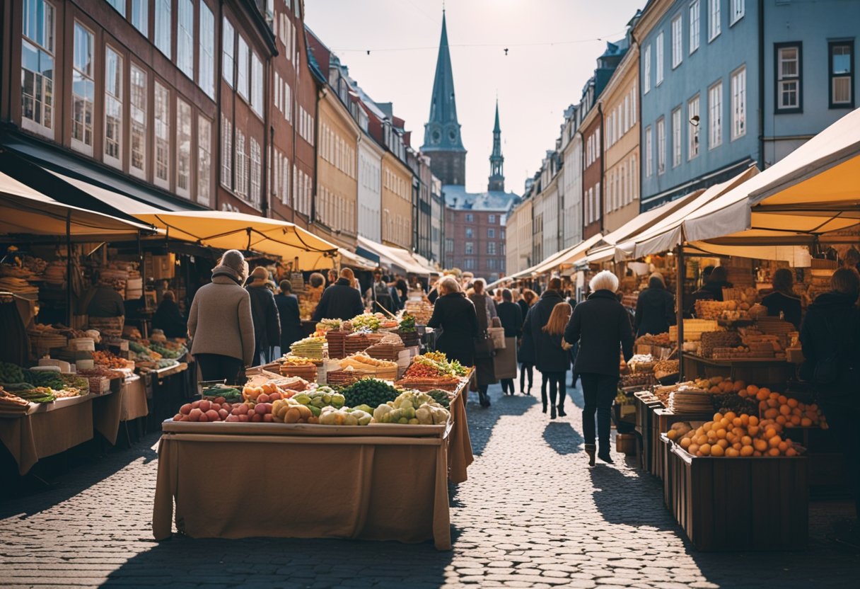 哥本哈根热闹的街头市场,五颜六色的摊位出售丹麦传统手工艺品和食品,周围是历史悠久的建筑和热闹的街头艺人